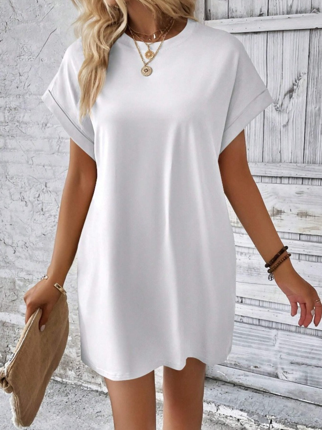 Pocketed Round Neck Short Sleeve Dress-Angel Casuals