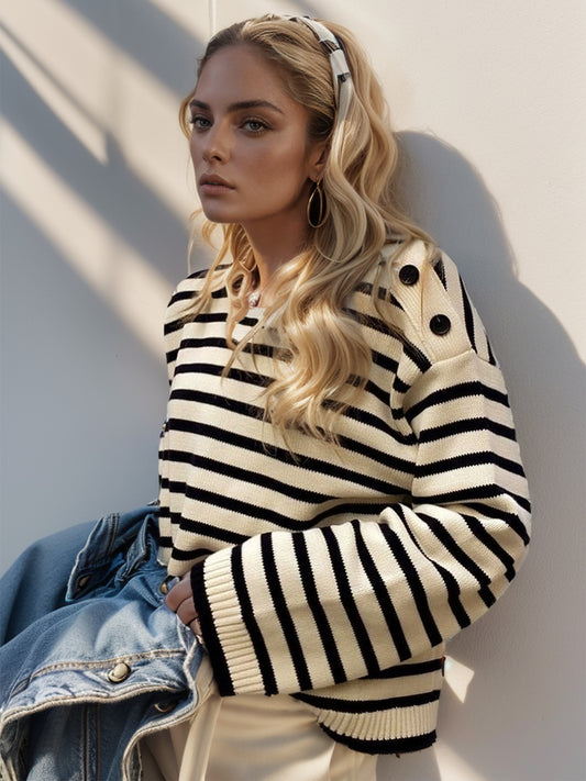 Perfee Striped Round Neck Long Sleeve Knit Top-Angel Casuals