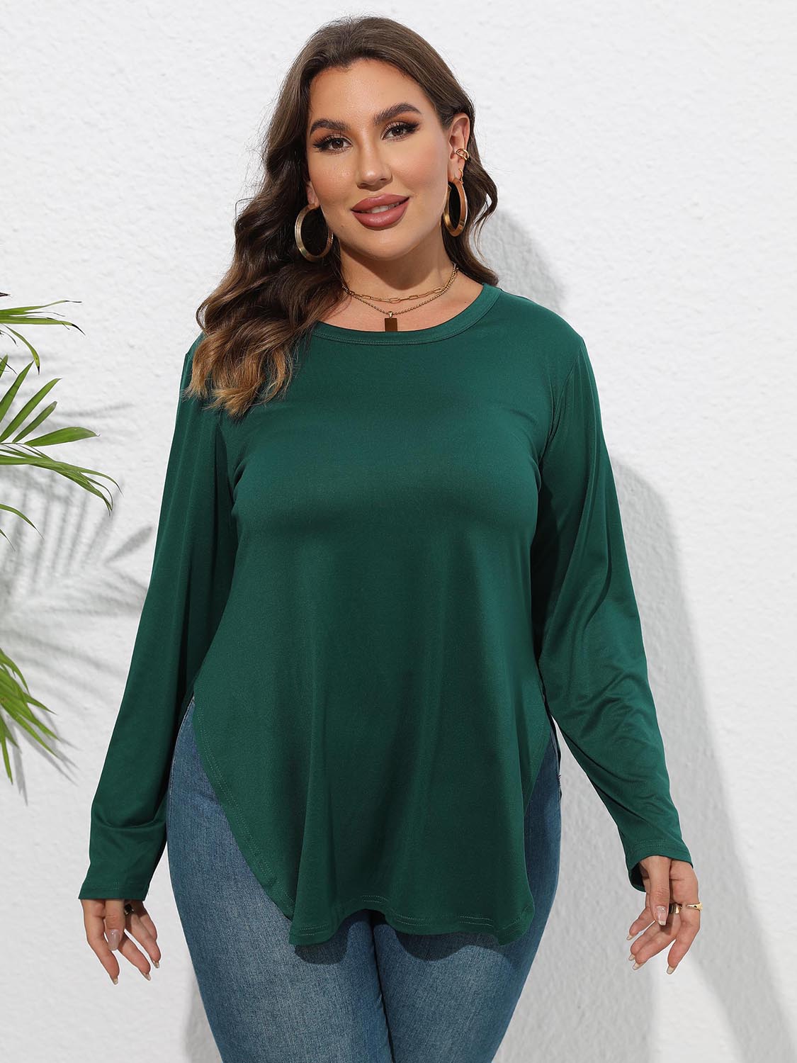 Plus Size Round Neck Long Sleeve Slit T-Shirt-Angel Casuals