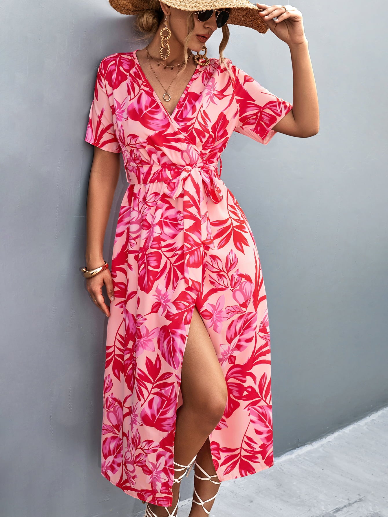 Floral Print High Slit Surplice Neck Tie Waist Midi Dress-Angel Casuals