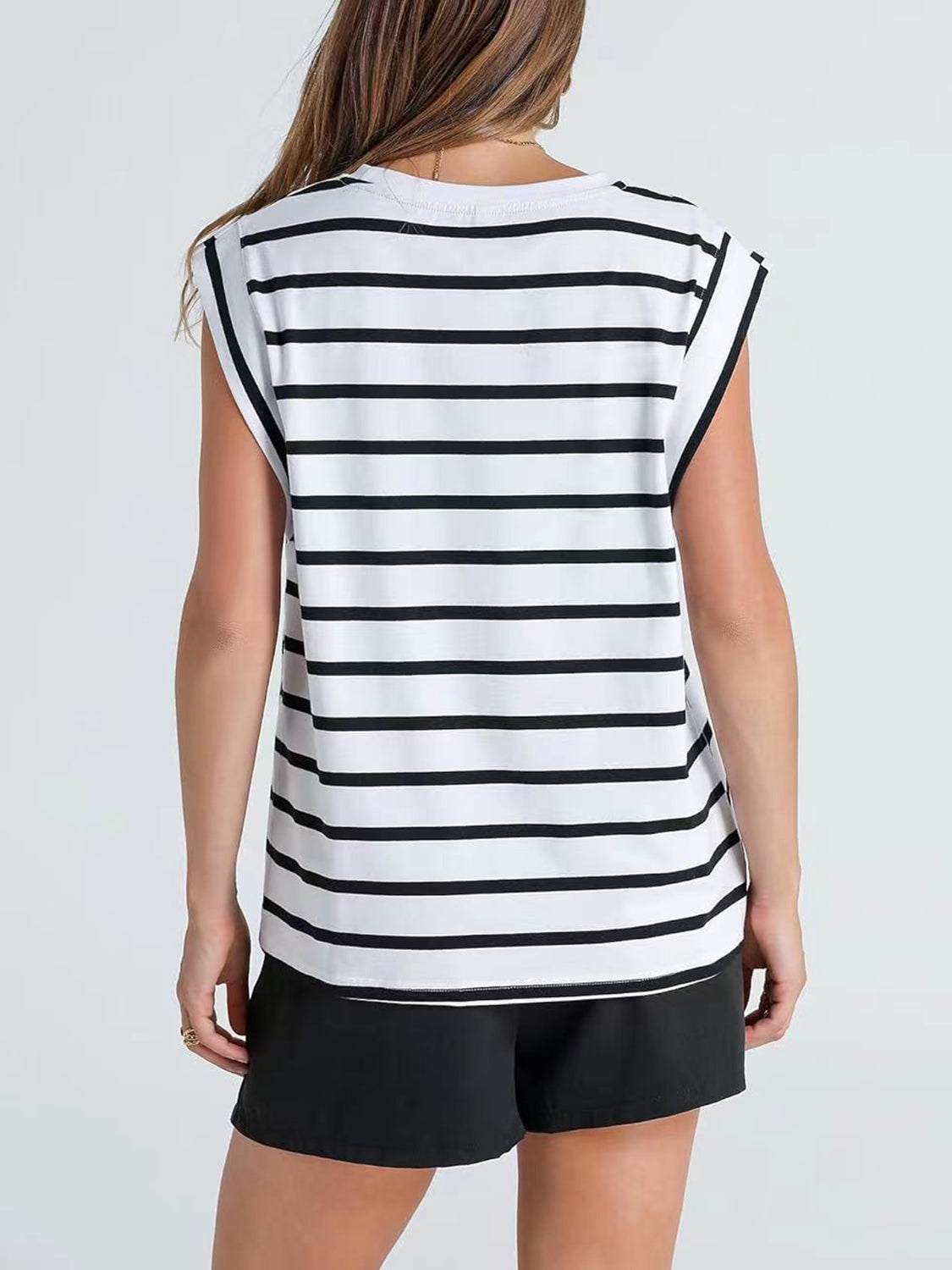 Striped Round Neck Cap Sleeve T-Shirt-Angel Casuals