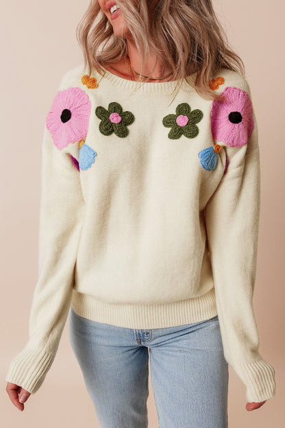 Crochet Flower Round Neck Dropped Shoulder Sweater-Angel Casuals