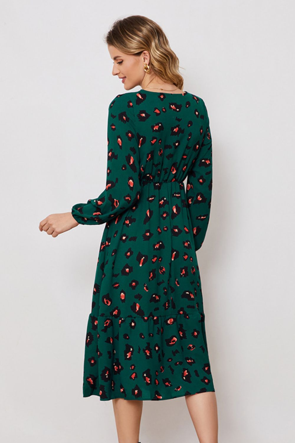 Printed Surplice Neck Long Sleeve Dress-Angel Casuals