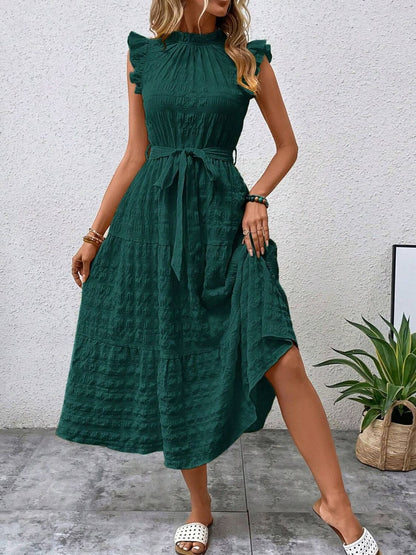 Tied Ruffled Cap Sleeve Midi Dress-Angel Casuals