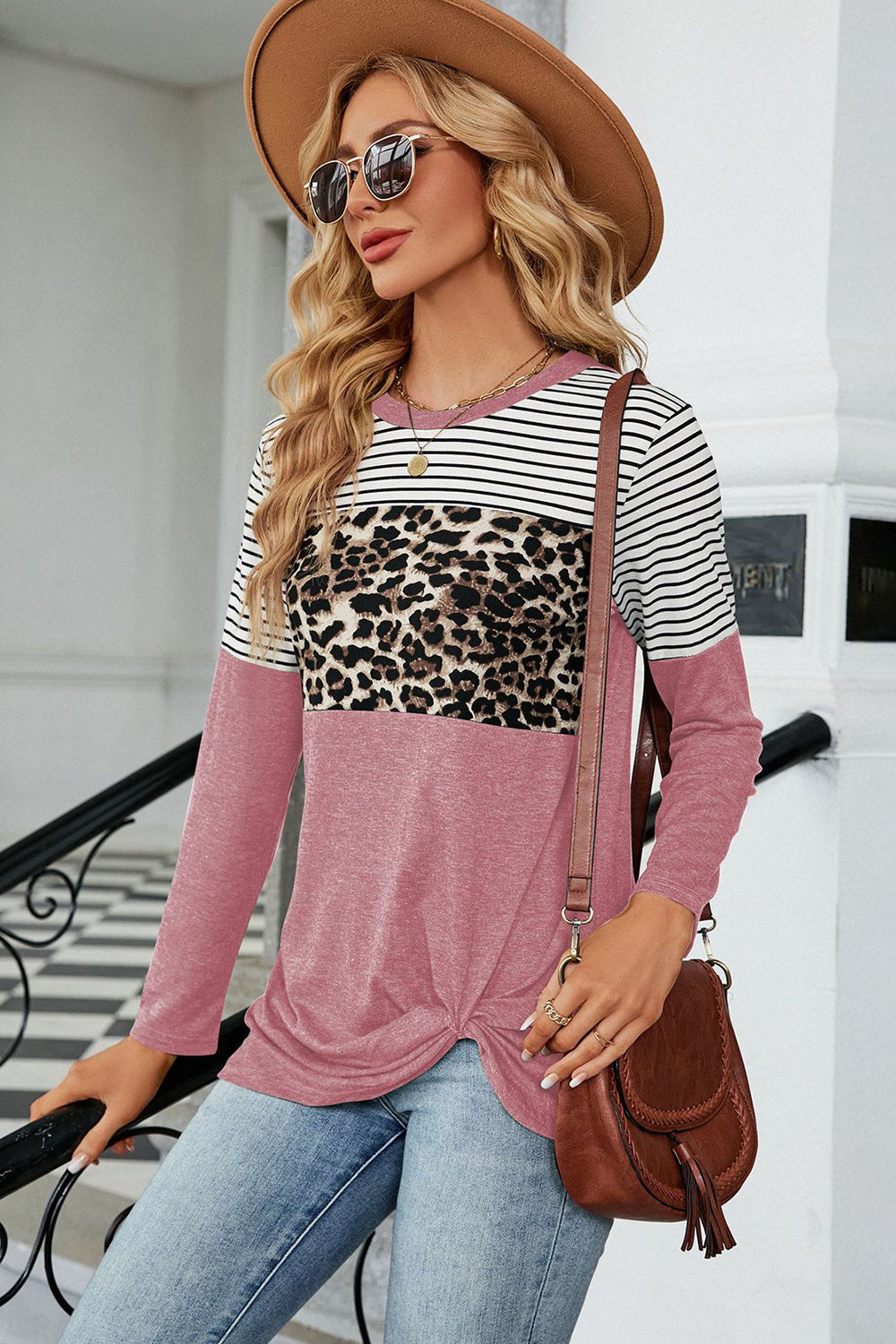Leopard Striped Round Neck T-Shirt-Angel Casuals