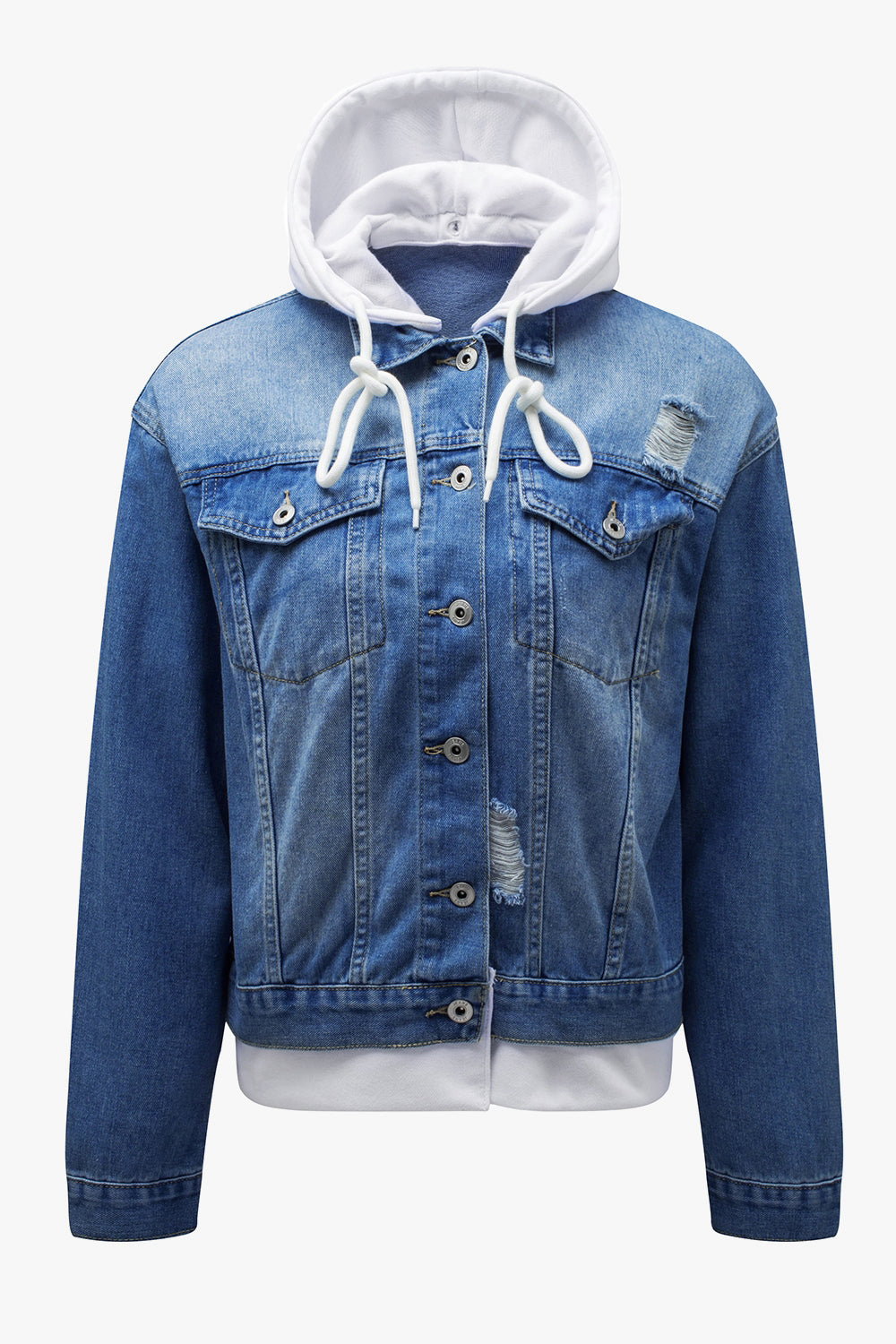 Distressed Hooded Denim Jacket-Angel Casuals