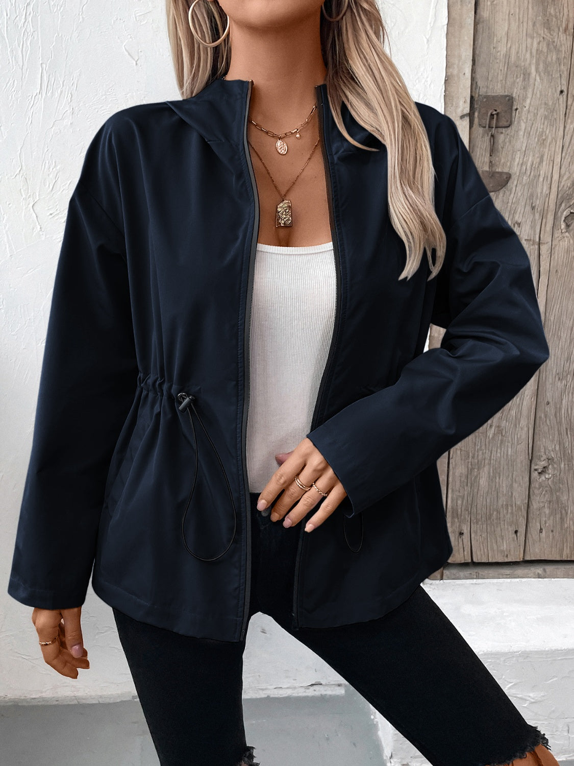 Ivy Lane Drawstring Zip Up Hooded Jacket-Angel Casuals