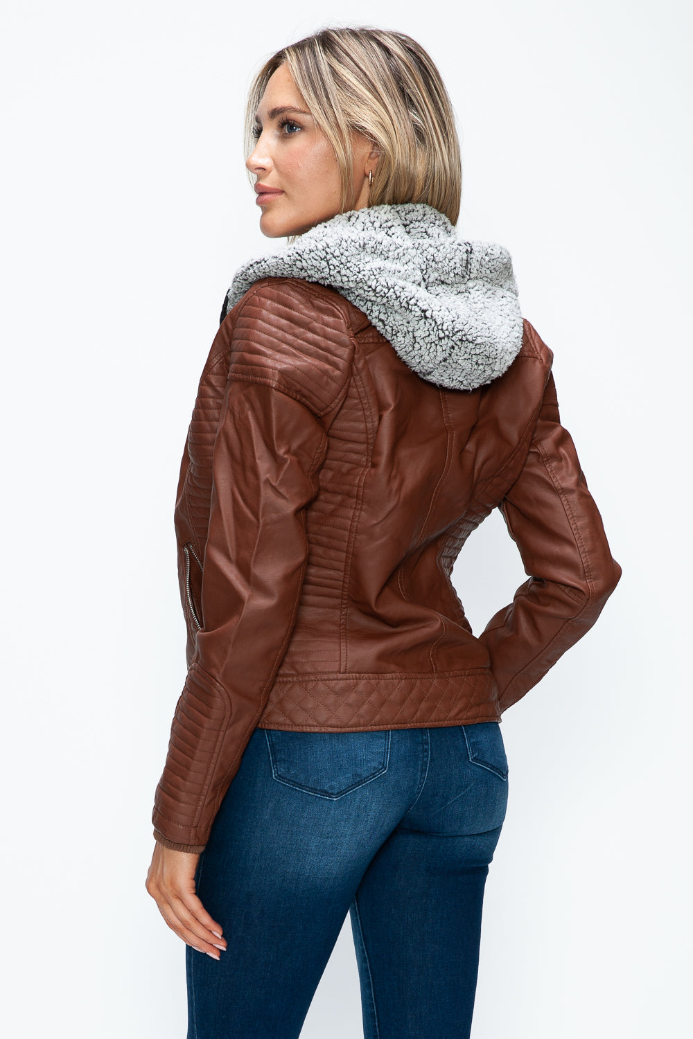 YMI Faux Layered Double-Zipper Jacket with Fuzzy Hood-Angel Casuals
