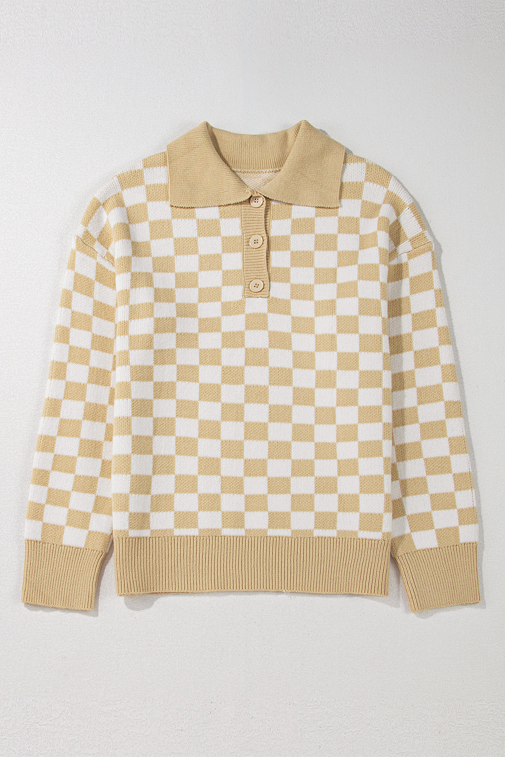 Checkered Collared Neck Long Sleeve Sweater-Angel Casuals