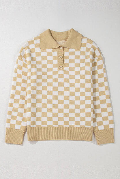 Checkered Collared Neck Long Sleeve Sweater-Angel Casuals