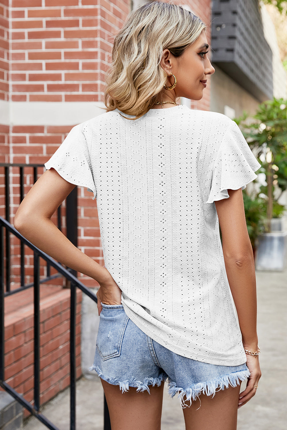 Eyelet V-Neck Flutter Sleeve T-Shirt-Angel Casuals