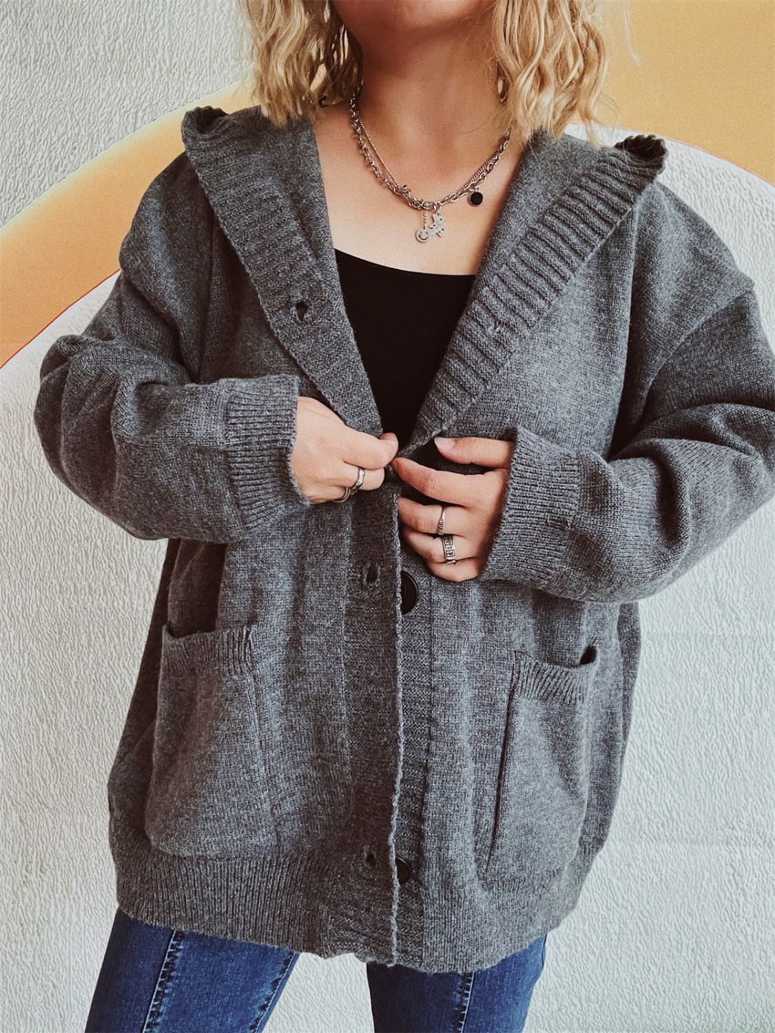 Dropped Shoulder Long Sleeve Hooded Cardigan-Angel Casuals