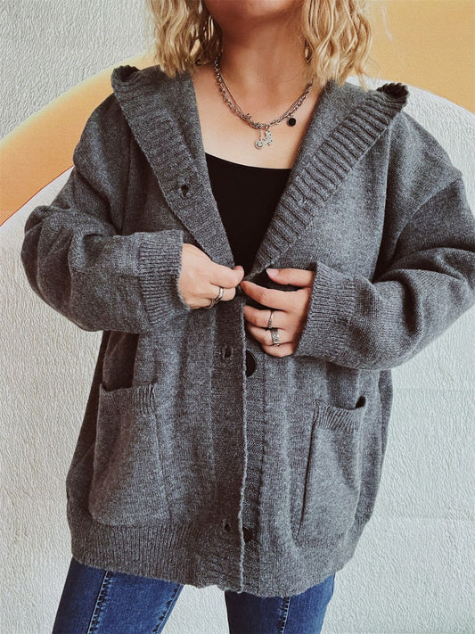 Dropped Shoulder Long Sleeve Hooded Cardigan-Angel Casuals