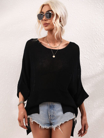 Boat Neck Cuffed Sleeve Slit Tunic Knit Top-Angel Casuals