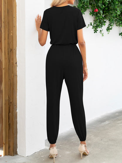 Short Sleeve V-Neck Jumpsuit with Pockets-Angel Casuals