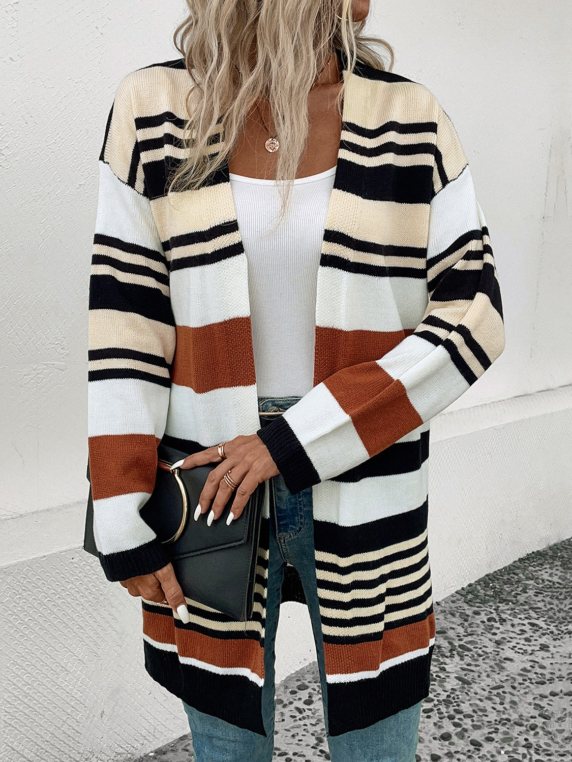 Perfee Striped Open Front Drop Shoulder Cardigan-Angel Casuals