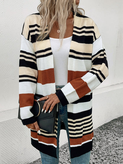 Perfee Striped Open Front Drop Shoulder Cardigan-Angel Casuals