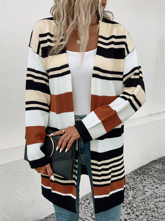 Perfee Striped Open Front Drop Shoulder Cardigan-Angel Casuals
