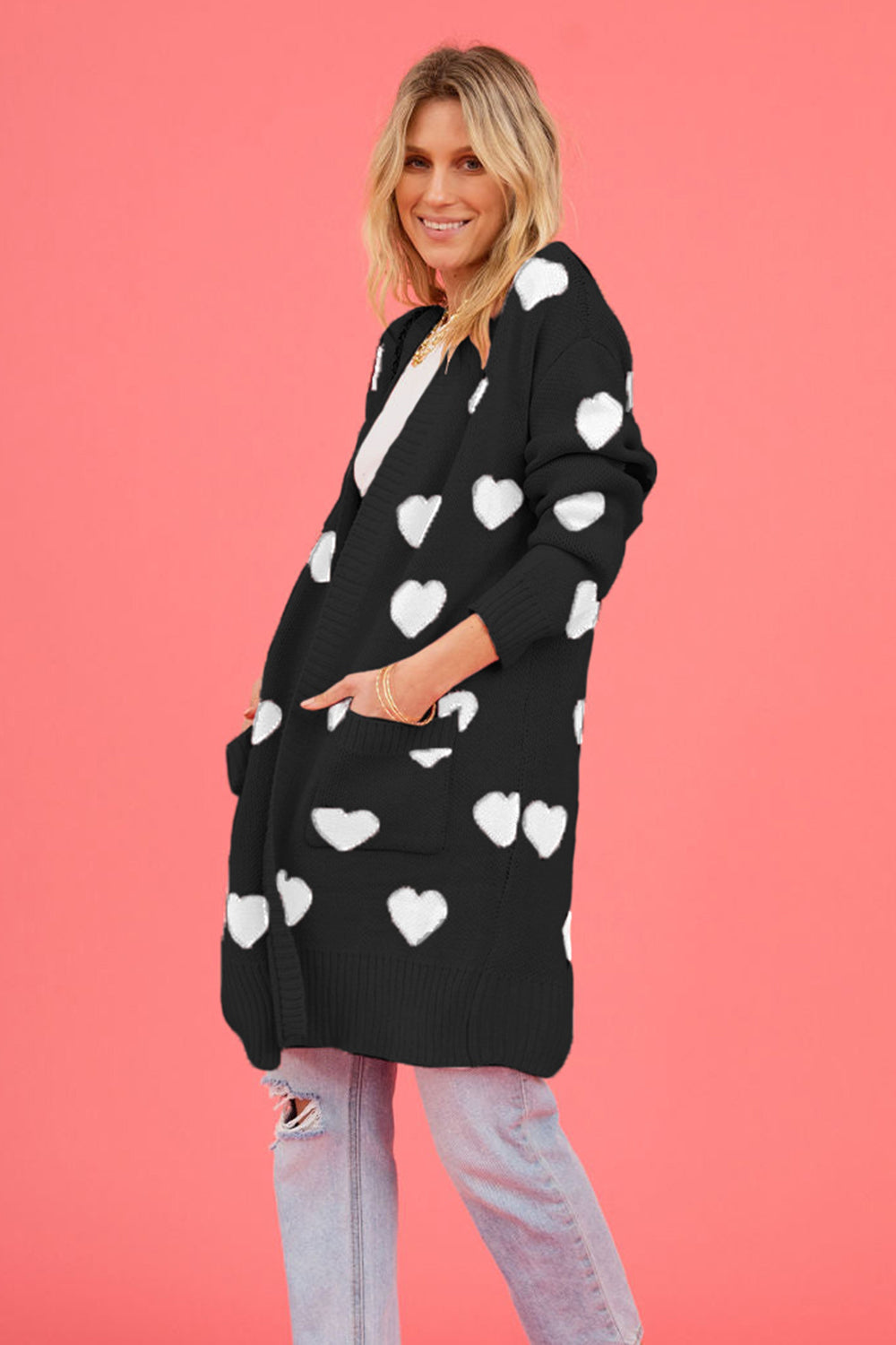 Heart Graphic Open Front Cardigan with Pockets-Angel Casuals
