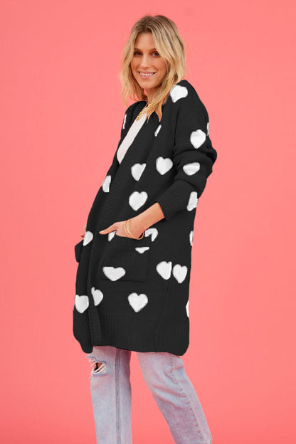 Heart Graphic Open Front Cardigan with Pockets-Angel Casuals