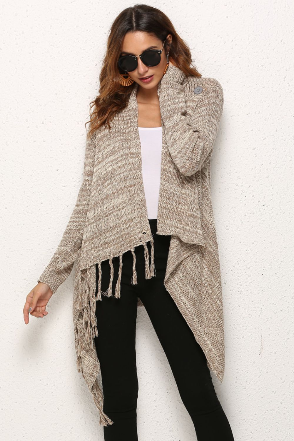 One-Button Tassel Tie Asymmetrical Hem Cardigan-Angel Casuals