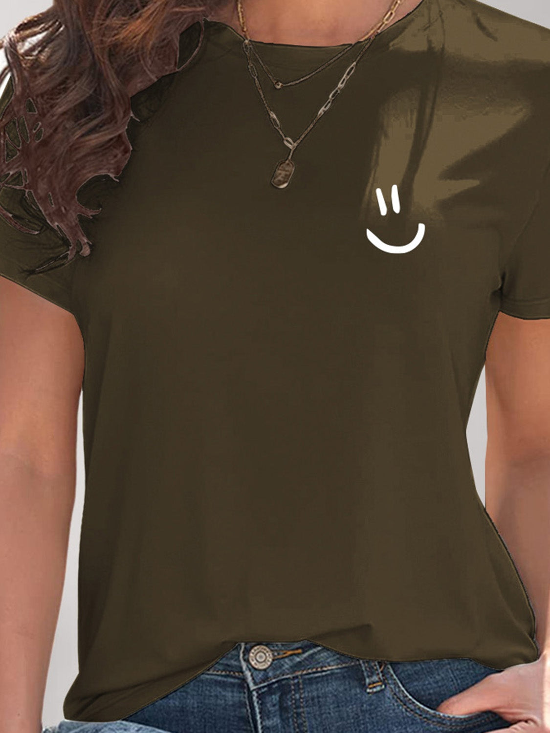 Smile Graphic Round Neck Short Sleeve T-Shirt-Angel Casuals