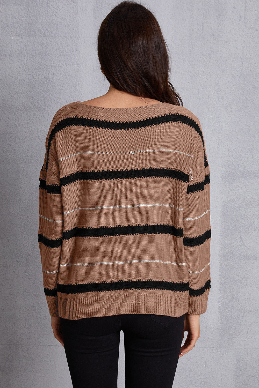 Striped Round Neck Dropped Shoulder Sweater-Angel Casuals