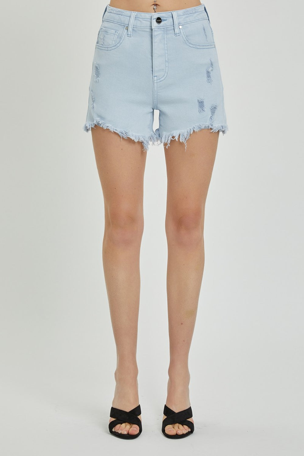 RISEN Full Size High Rise Distressed Detail Denim Shorts-Angel Casuals