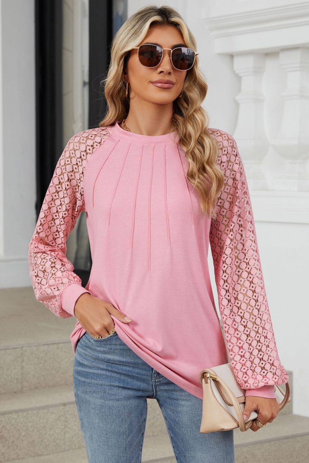 Round Neck Lace Long Sleeve Top-Angel Casuals