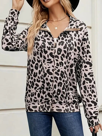 Full Size Leopard Collared Neck Zip Up Jacket-Angel Casuals