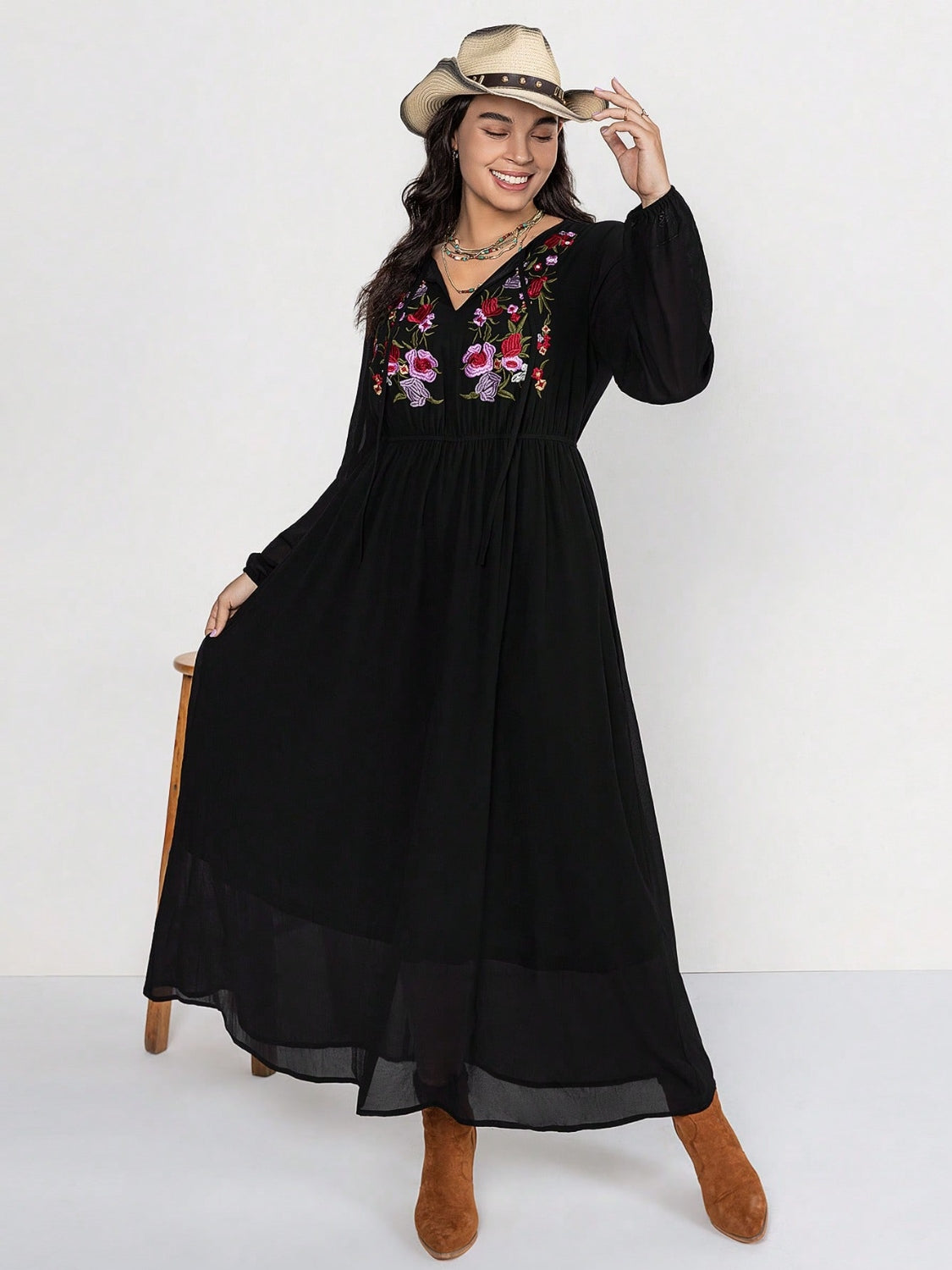 Plus Size Embroidered Tie Neck Long Sleeve Dress-Angel Casuals