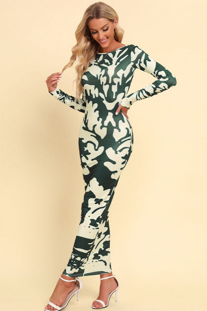 Printed Backless Long Sleeve Maxi Dress-Angel Casuals