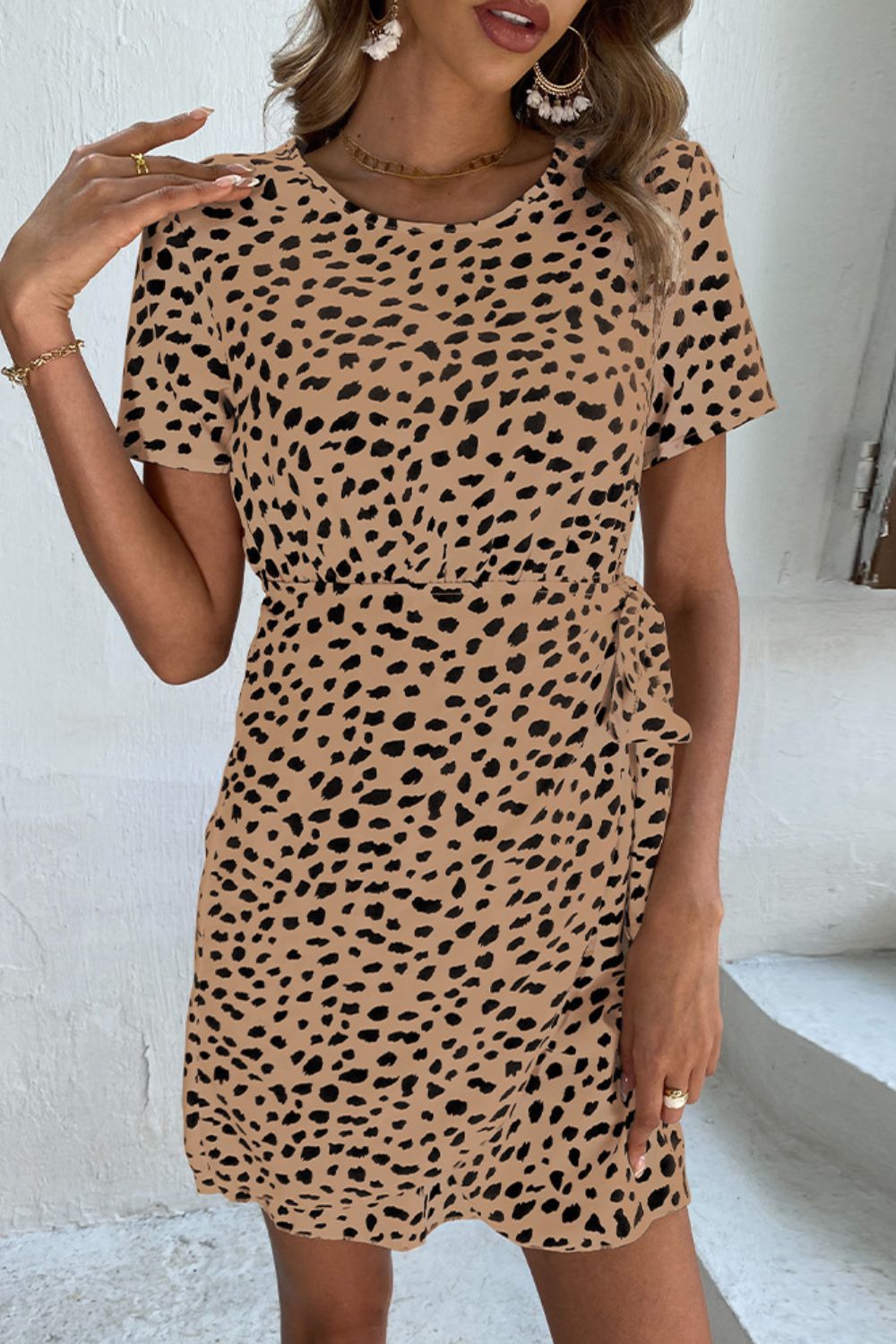 Animal Print Belted Keyhole Round Neck Dress-Angel Casuals