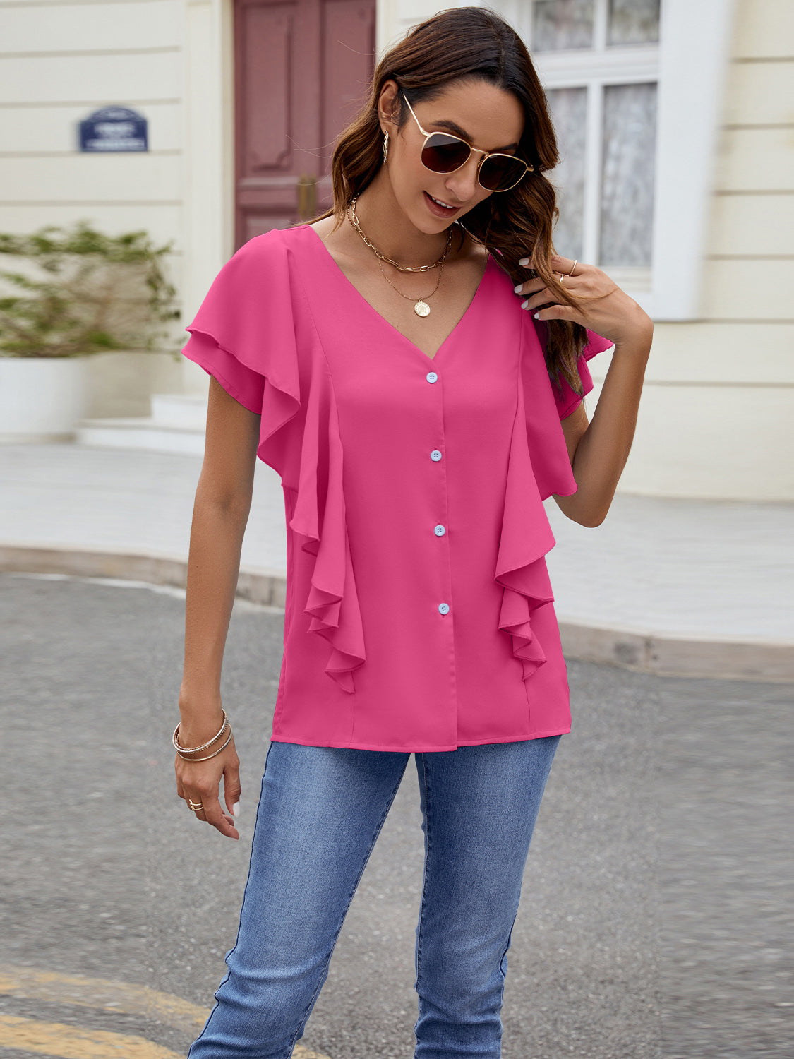 Ruffled V-Neck Short Sleeve Top-Angel Casuals