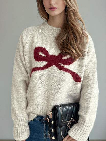 Bow Round Neck Long Sleeve Sweater-Angel Casuals