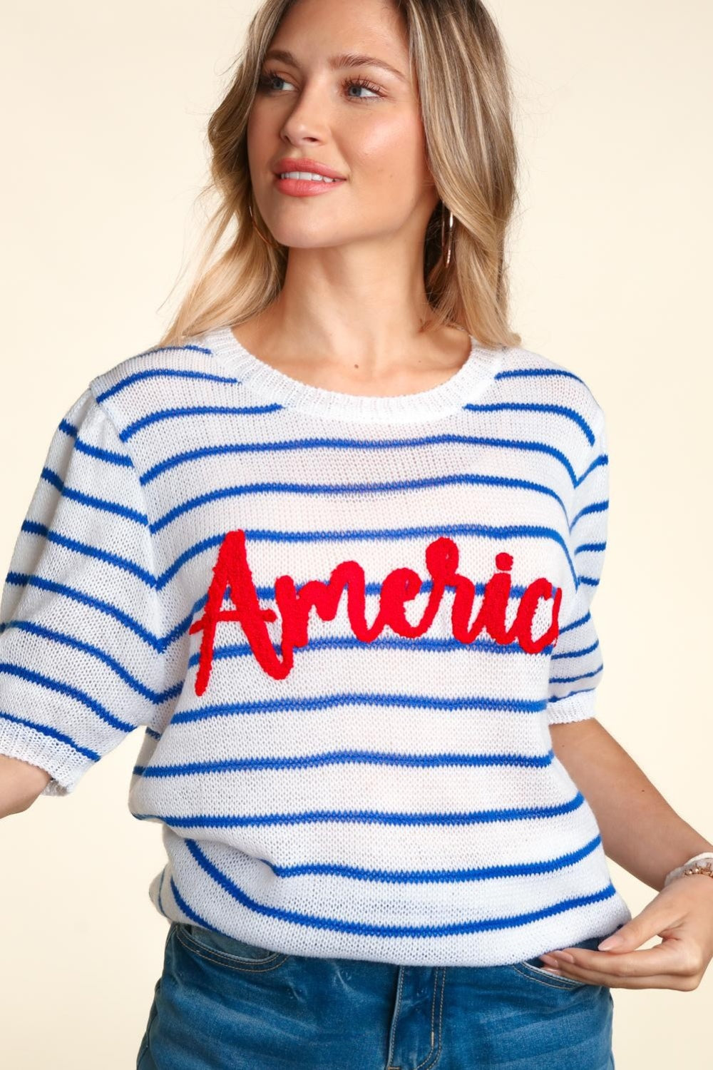 Haptics Letter Embroidery Striped Knit Top-Angel Casuals