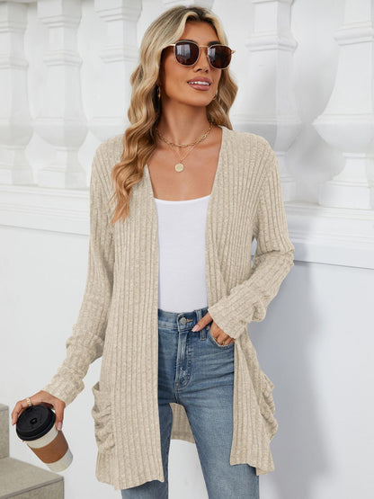 Pocketed Open Front Long Sleeve Cardigan-Angel Casuals