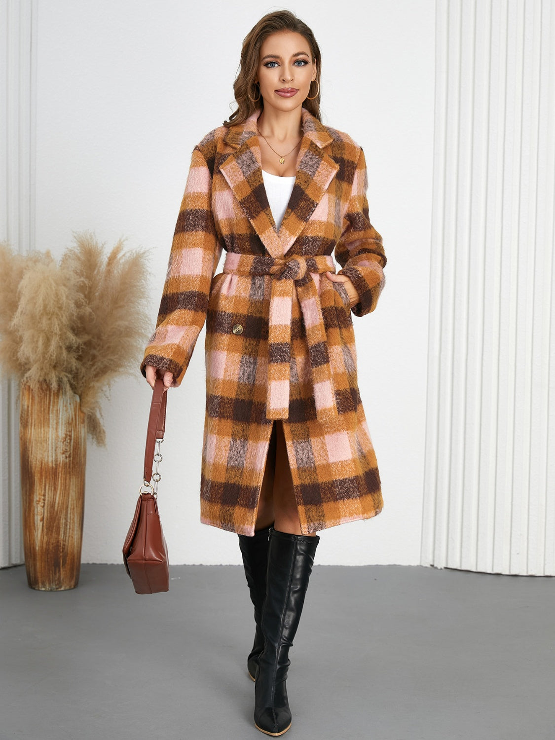 Tied Plaid Collared Neck Coat-Angel Casuals