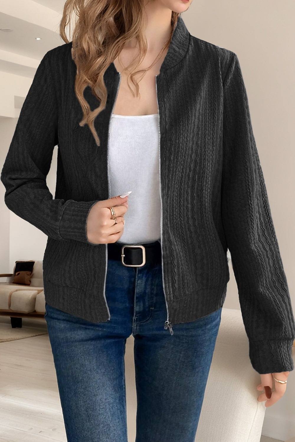Baseball Collar Zip Up Long Sleeve Jacket-Angel Casuals
