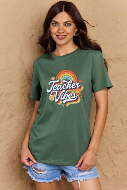 Simply Love Full Size TEACHER VIBES Graphic Cotton T-Shirt-Angel Casuals