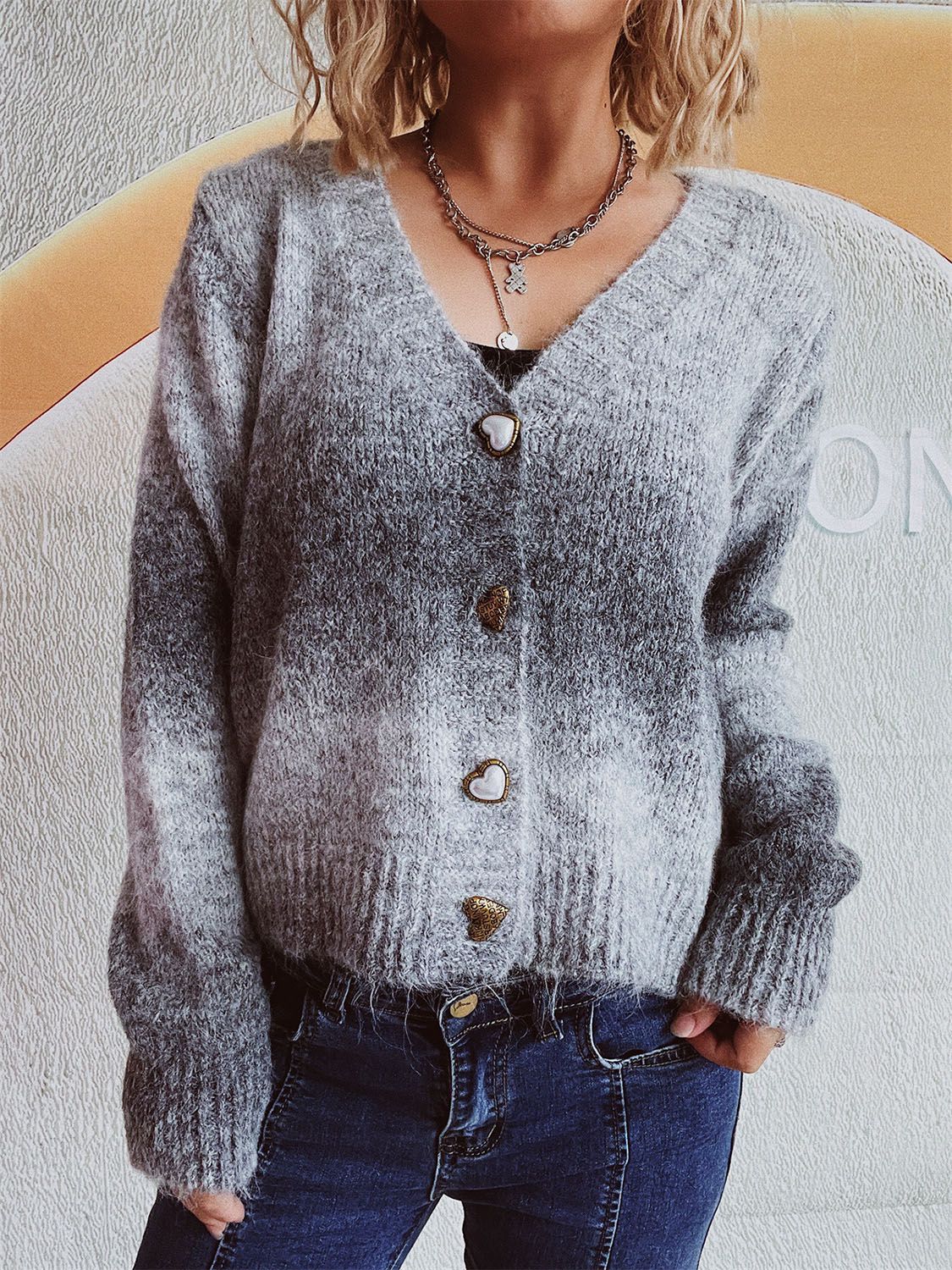 Gradient Heart Shape Button V-Neck Cardigan-Angel Casuals