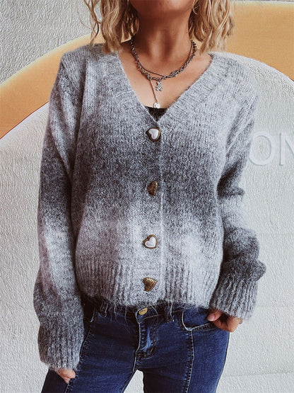 Gradient Heart Shape Button V-Neck Cardigan-Angel Casuals