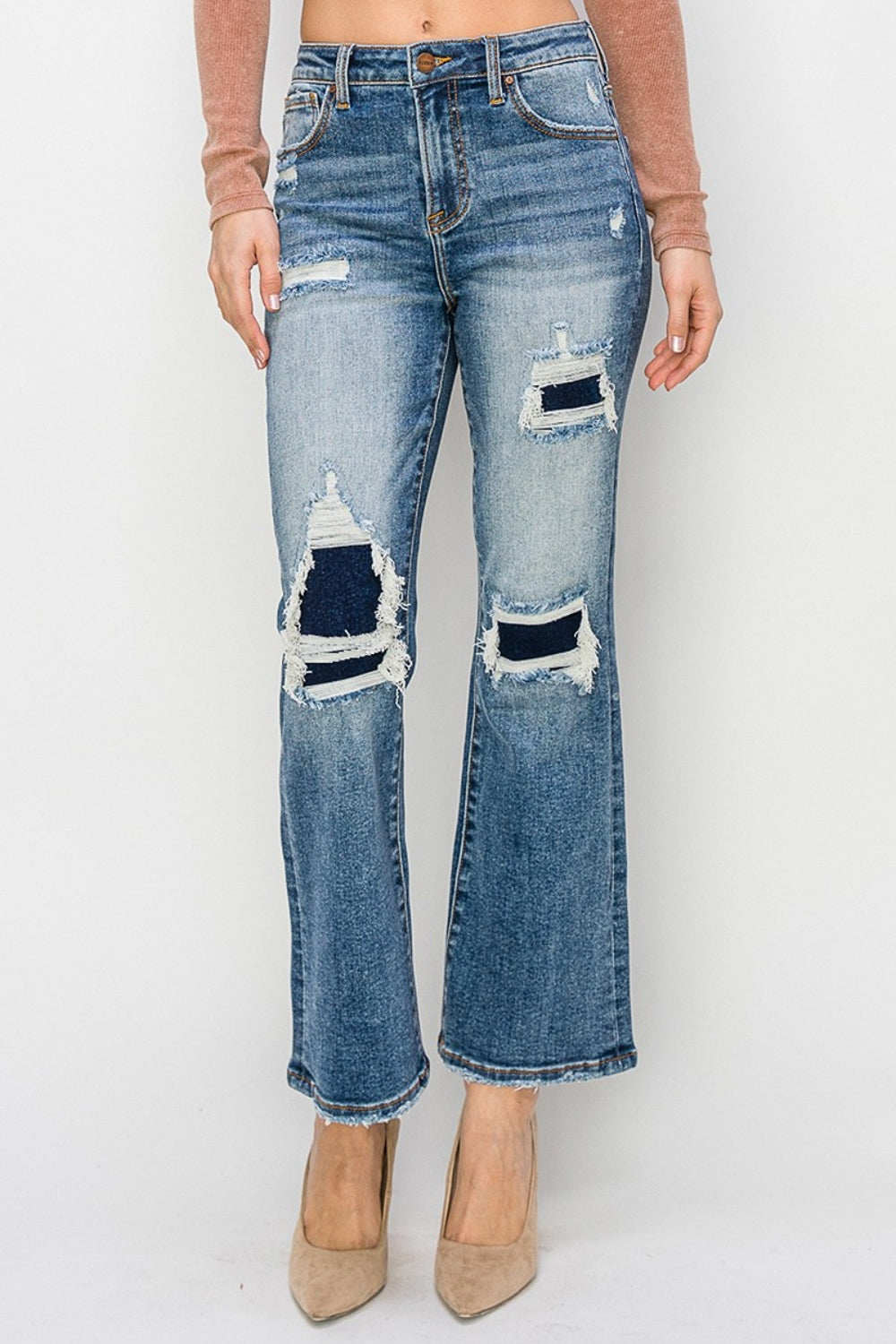 Risen Full Size High Rise Distressed Ankle Flare Jeans-Angel Casuals