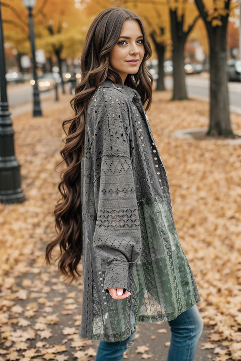 Openwork Button Up Long Sleeve Shacket-Angel Casuals