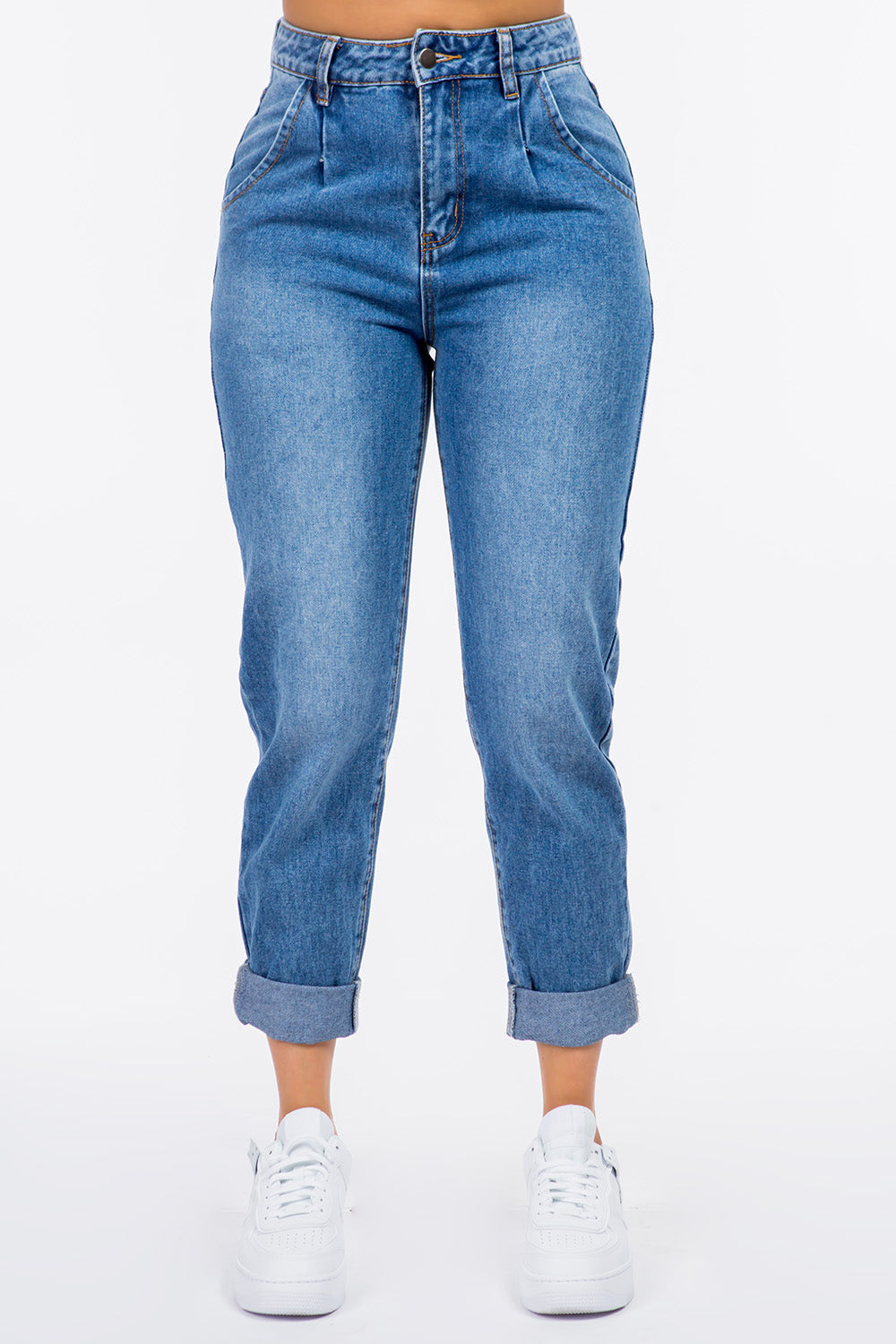 American Bazi High Waist Pleated Waist Mom Jeans-Angel Casuals