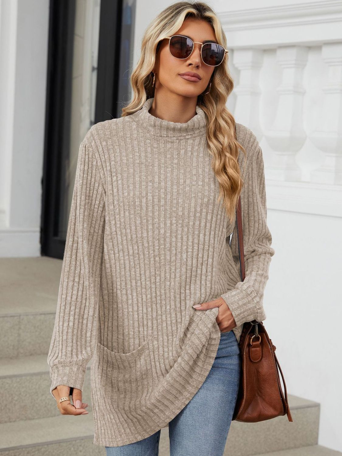 Ribbed Mock Neck Long Sleeve T-Shirt-Angel Casuals