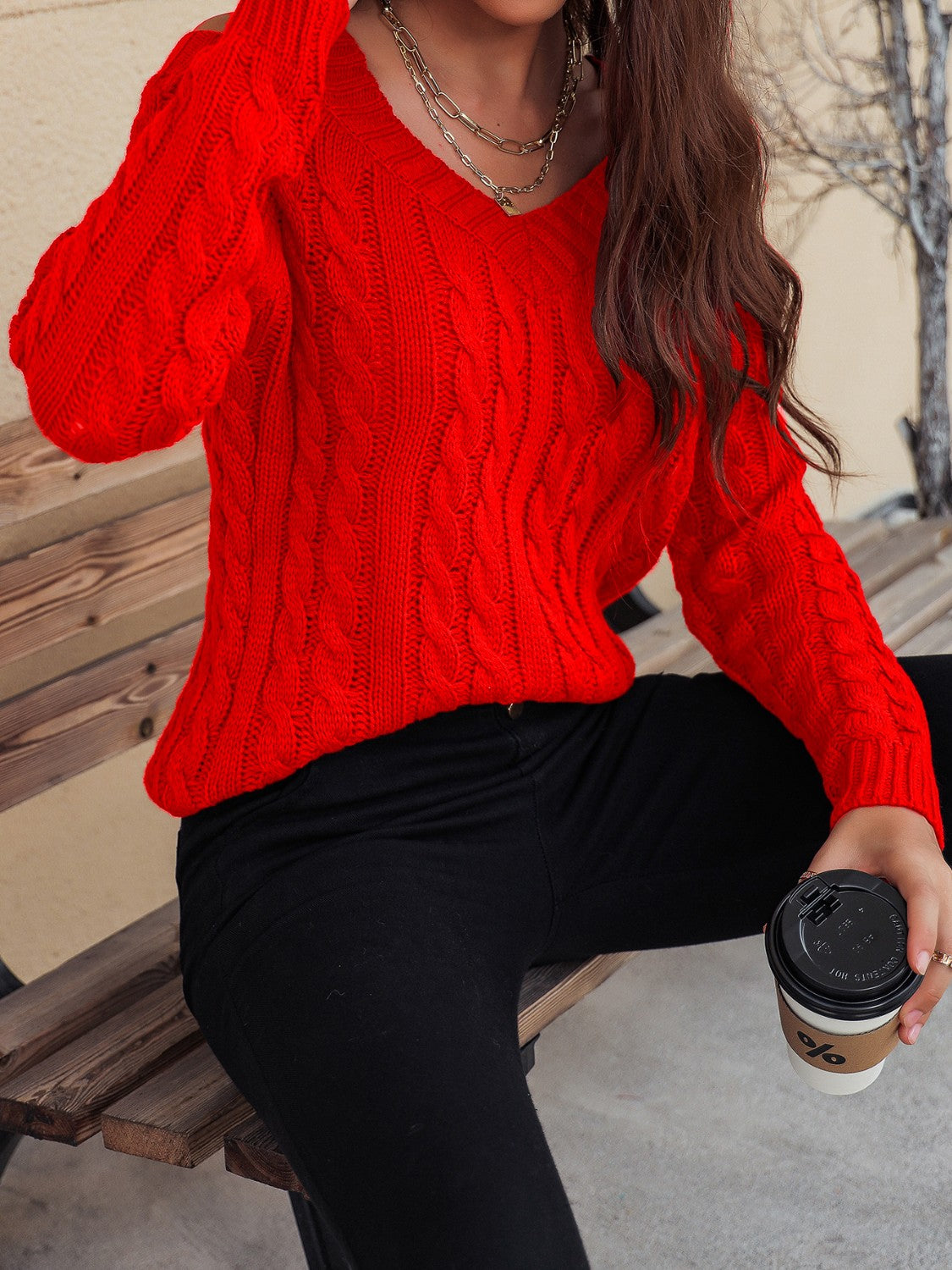 Honey Cable-Knit V-Neck Cold Shoulder Sweater-Angel Casuals