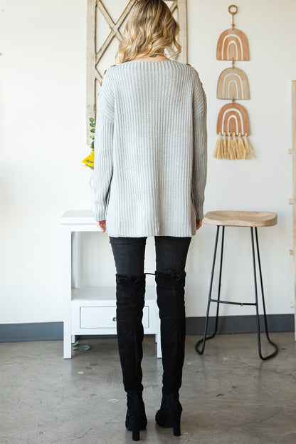 Side Slit Boat Neck Long Sleeve Sweater-Angel Casuals