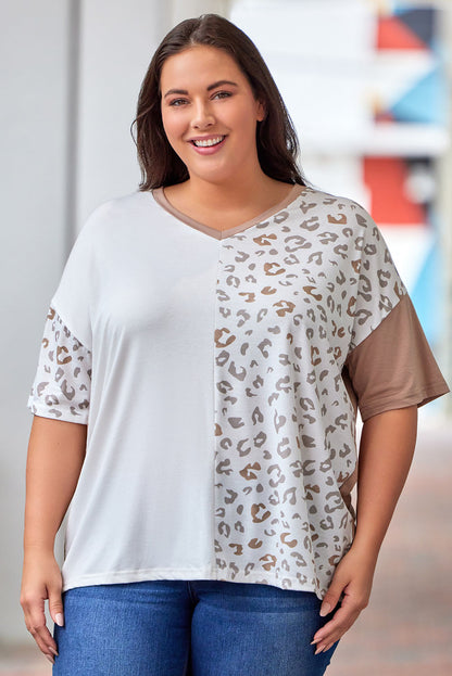 Plus Size Leopard V-Neck T-Shirt-Angel Casuals