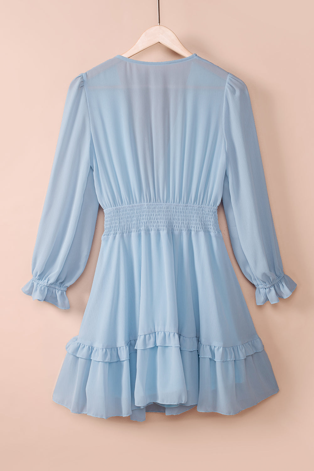 Tied Plunge Smocked Waist Flounce Sleeve Dress-Angel Casuals